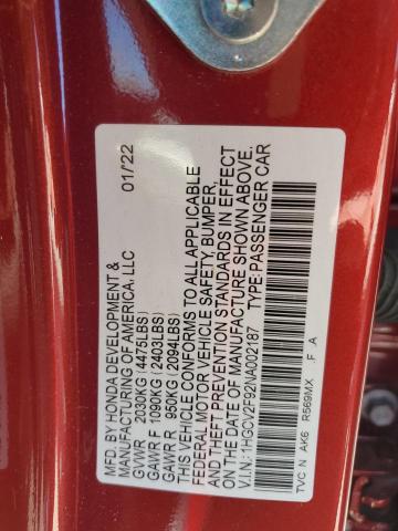 2022 Honda Accord Touring VIN: 1HGCV2F92NA002187 Lot: 57942294