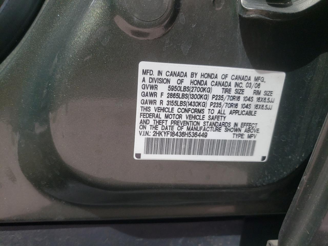 2HKYF18436H536449 2006 Honda Pilot Ex