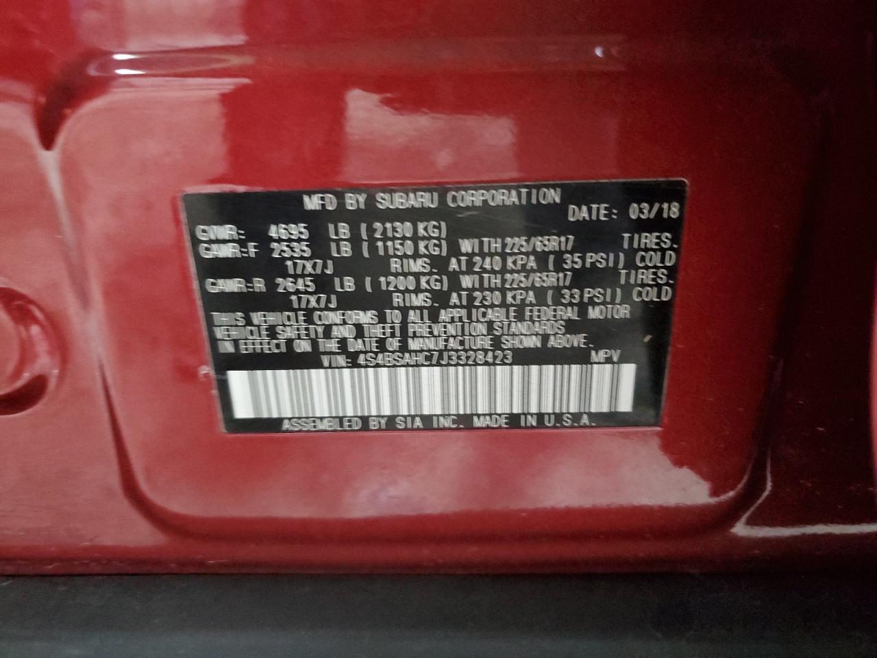 4S4BSAHC7J3328423 2018 Subaru Outback 2.5I Premium