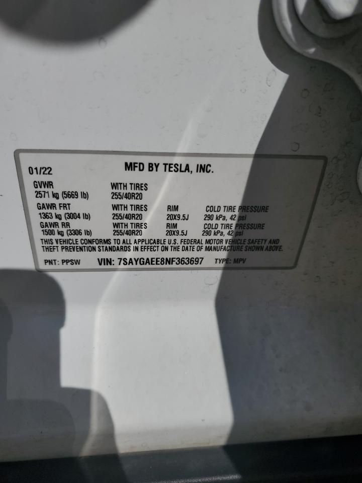 7SAYGAEE8NF363697 2022 Tesla Model Y