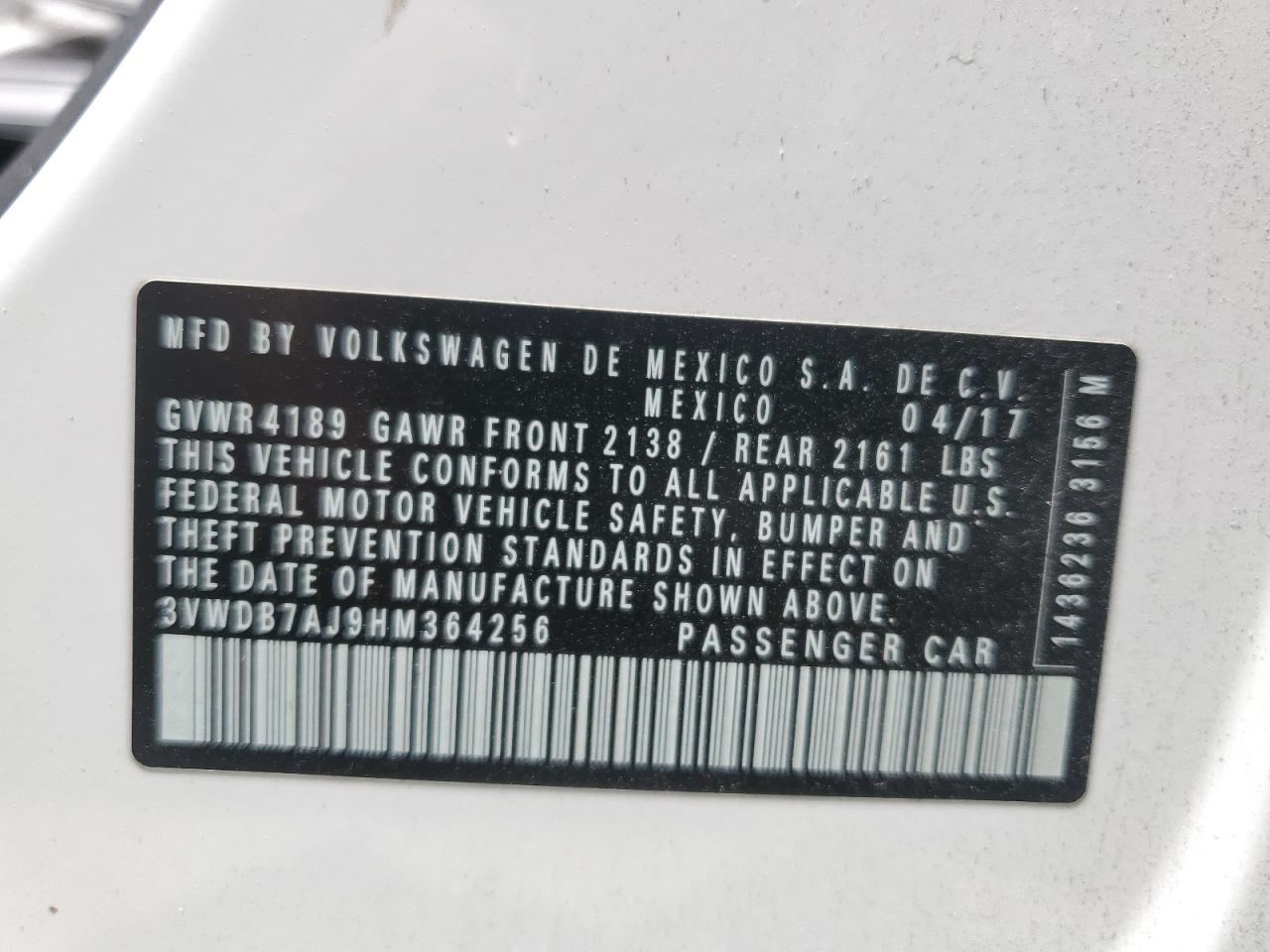 3VWDB7AJ9HM364256 2017 Volkswagen Jetta Se