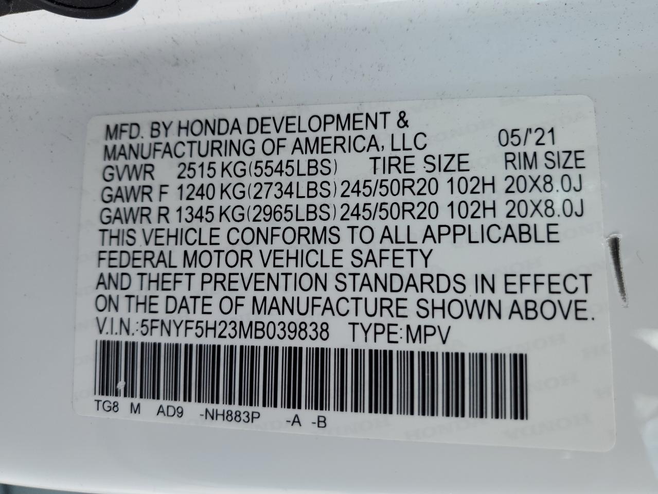 5FNYF5H23MB039838 2021 Honda Pilot Se