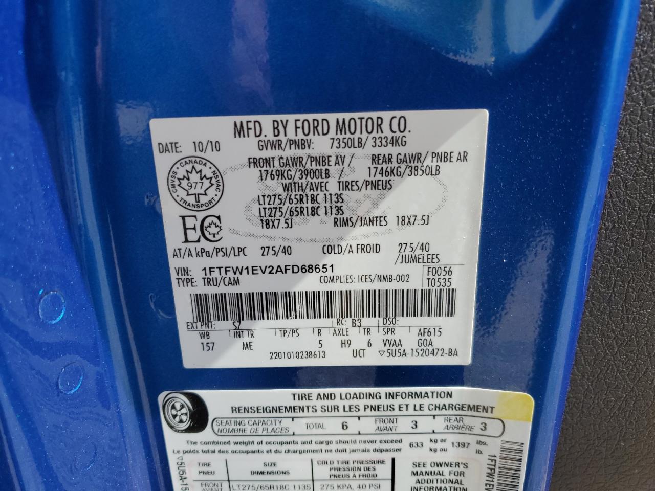 1FTFW1EV2AFD68651 2010 Ford F150 Supercrew