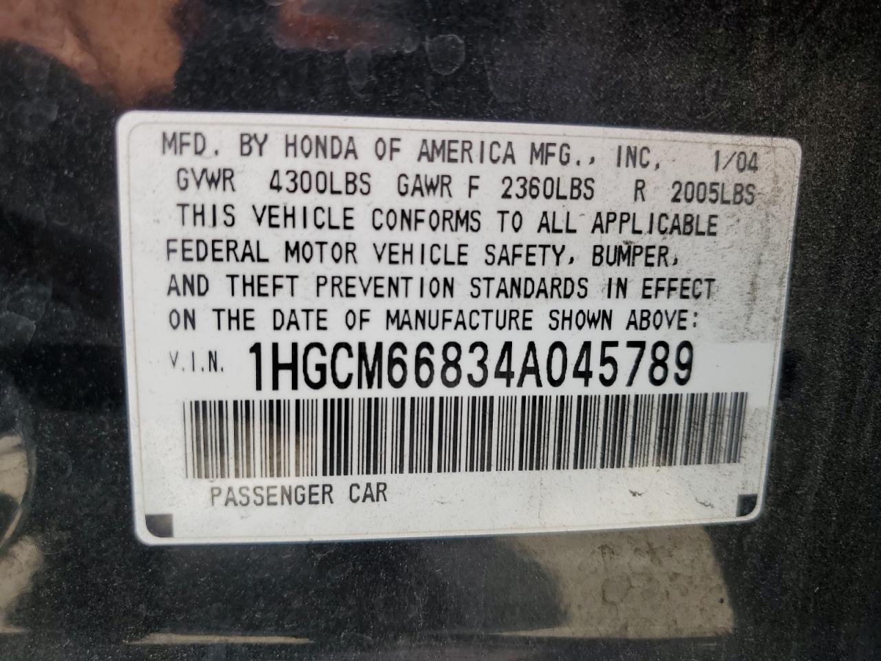 1HGCM66834A045789 2004 Honda Accord Ex