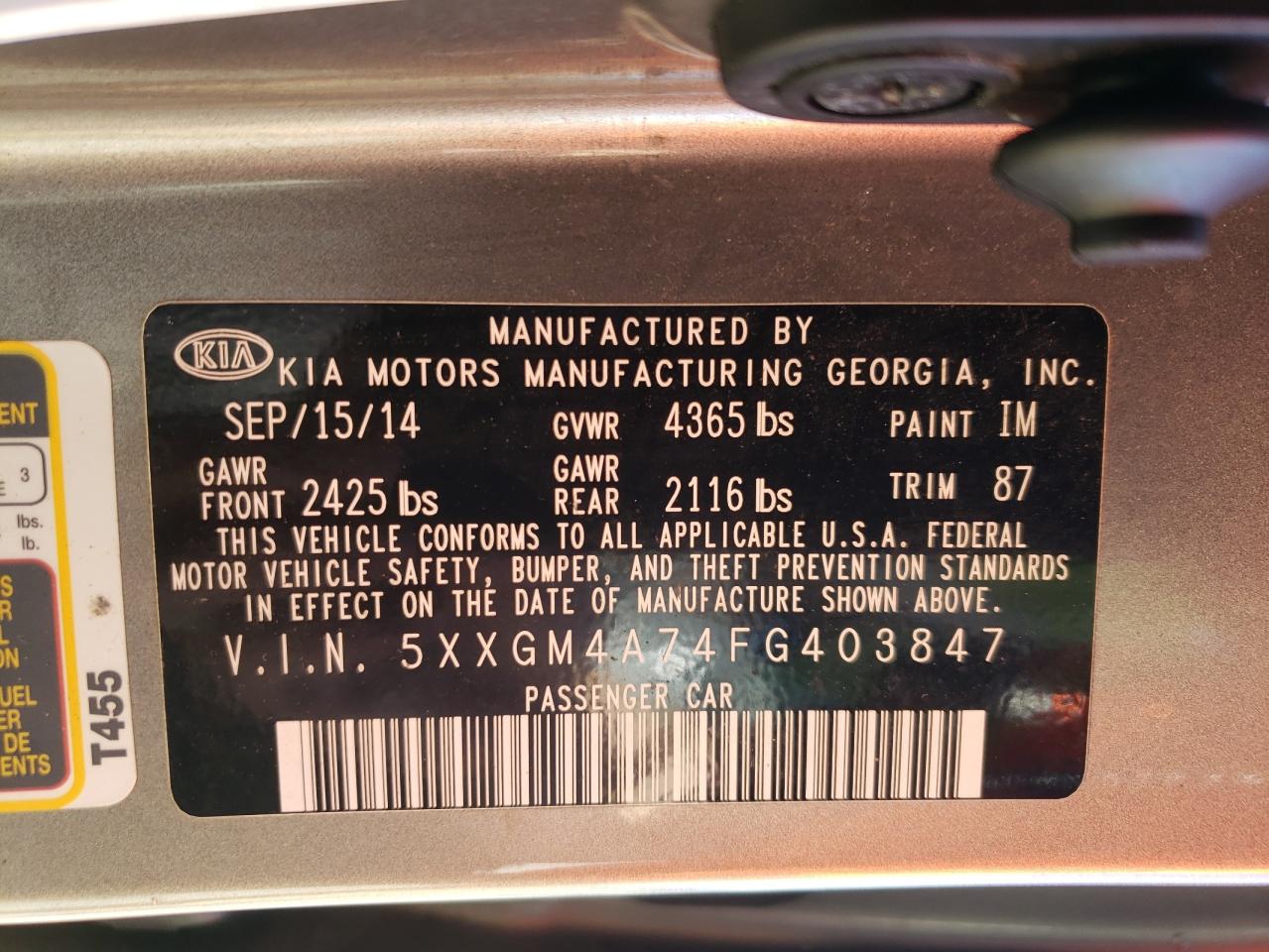 5XXGM4A74FG403847 2015 Kia Optima Lx