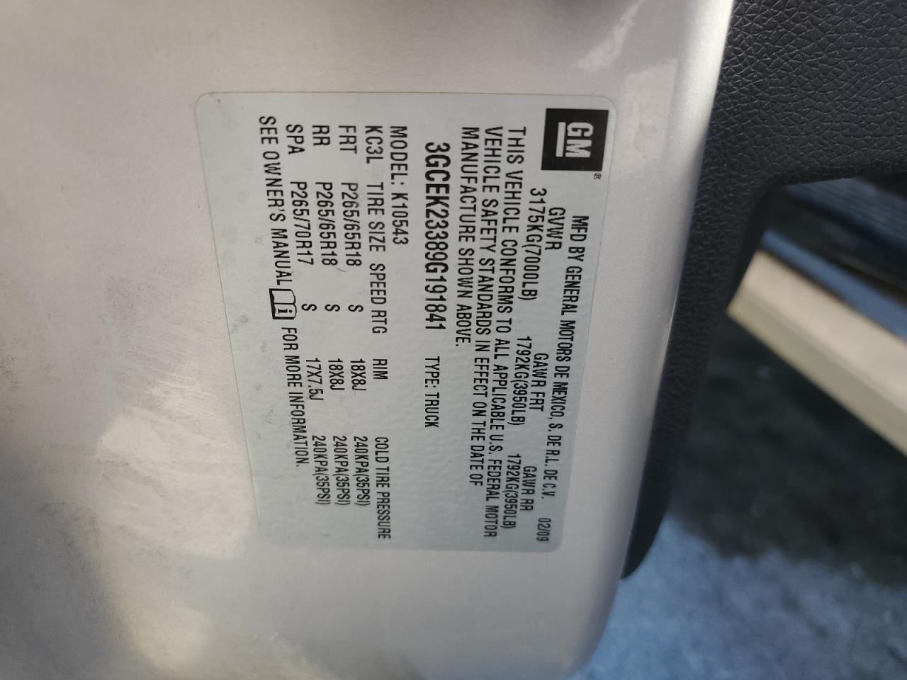 3GCEK23389G191841 2009 Chevrolet Silverado K1500 Lt