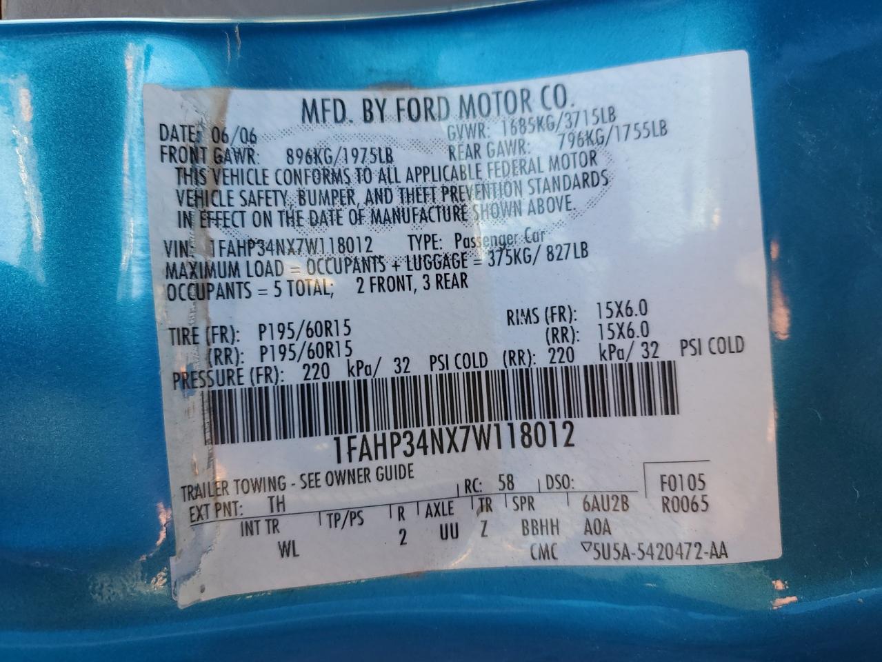 1FAHP34NX7W118012 2007 Ford Focus Zx4