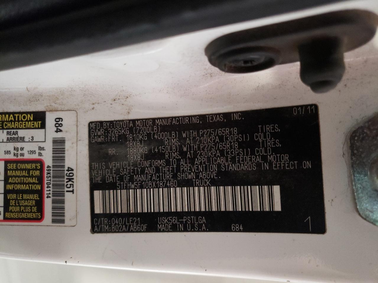 5TFHW5F10BX187460 2011 Toyota Tundra Crewmax Limited