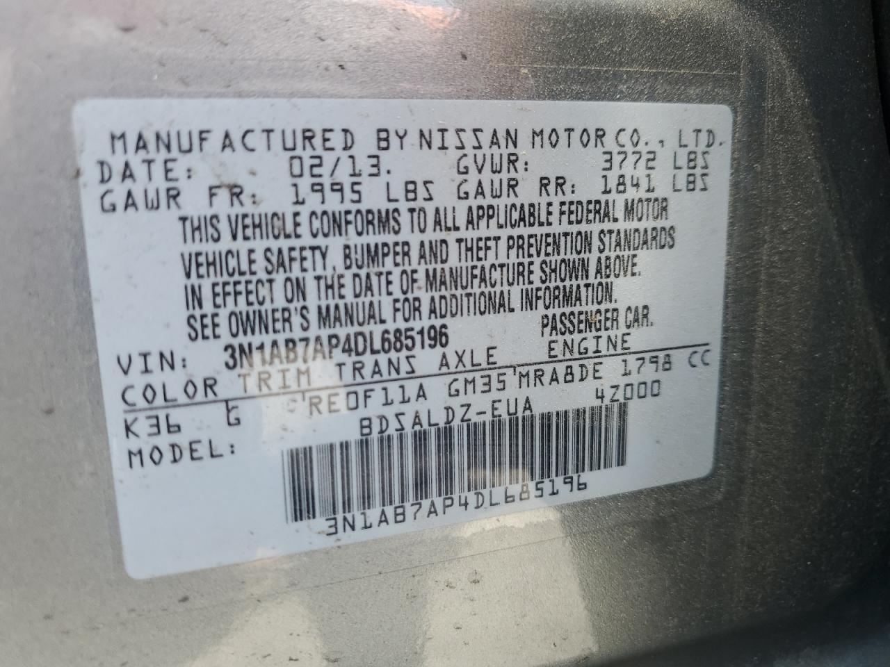 3N1AB7AP4DL685196 2013 Nissan Sentra S