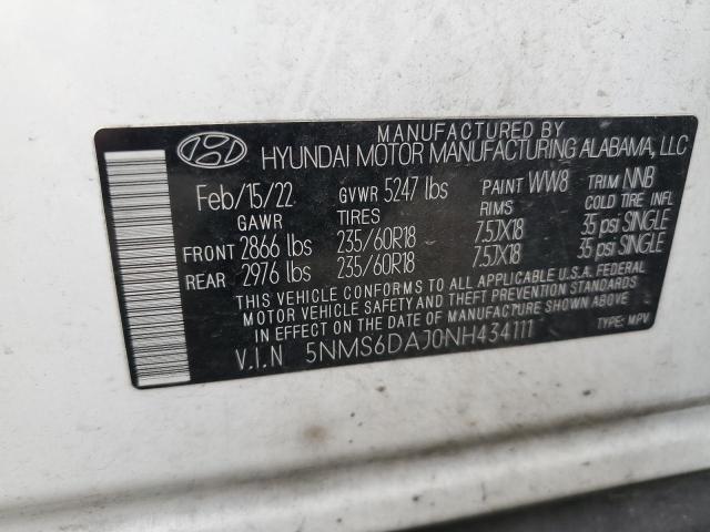 2022 Hyundai Santa Fe Sel VIN: 5NMS6DAJ0NH434111 Lot: 59693204