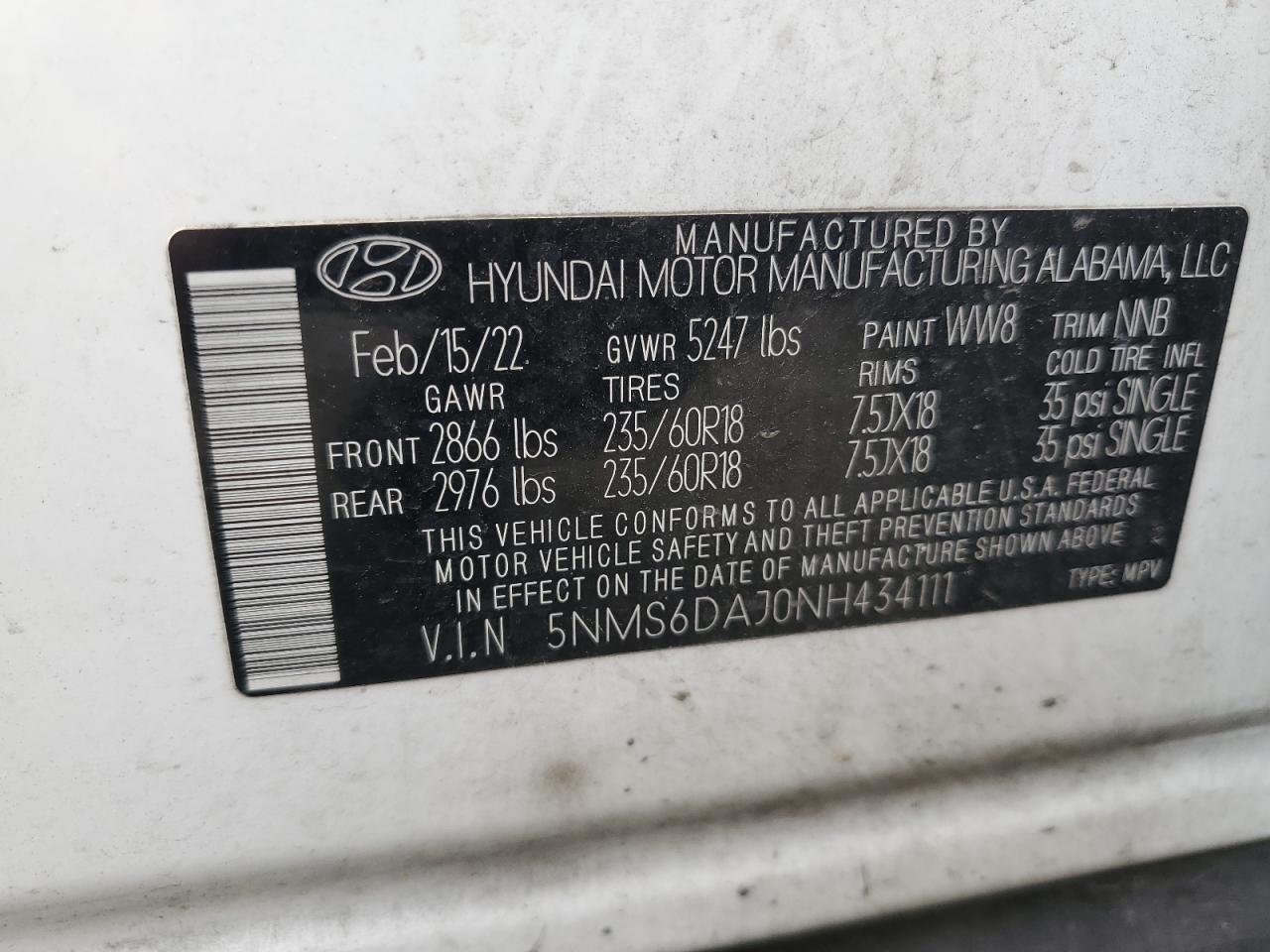 5NMS6DAJ0NH434111 2022 Hyundai Santa Fe Sel