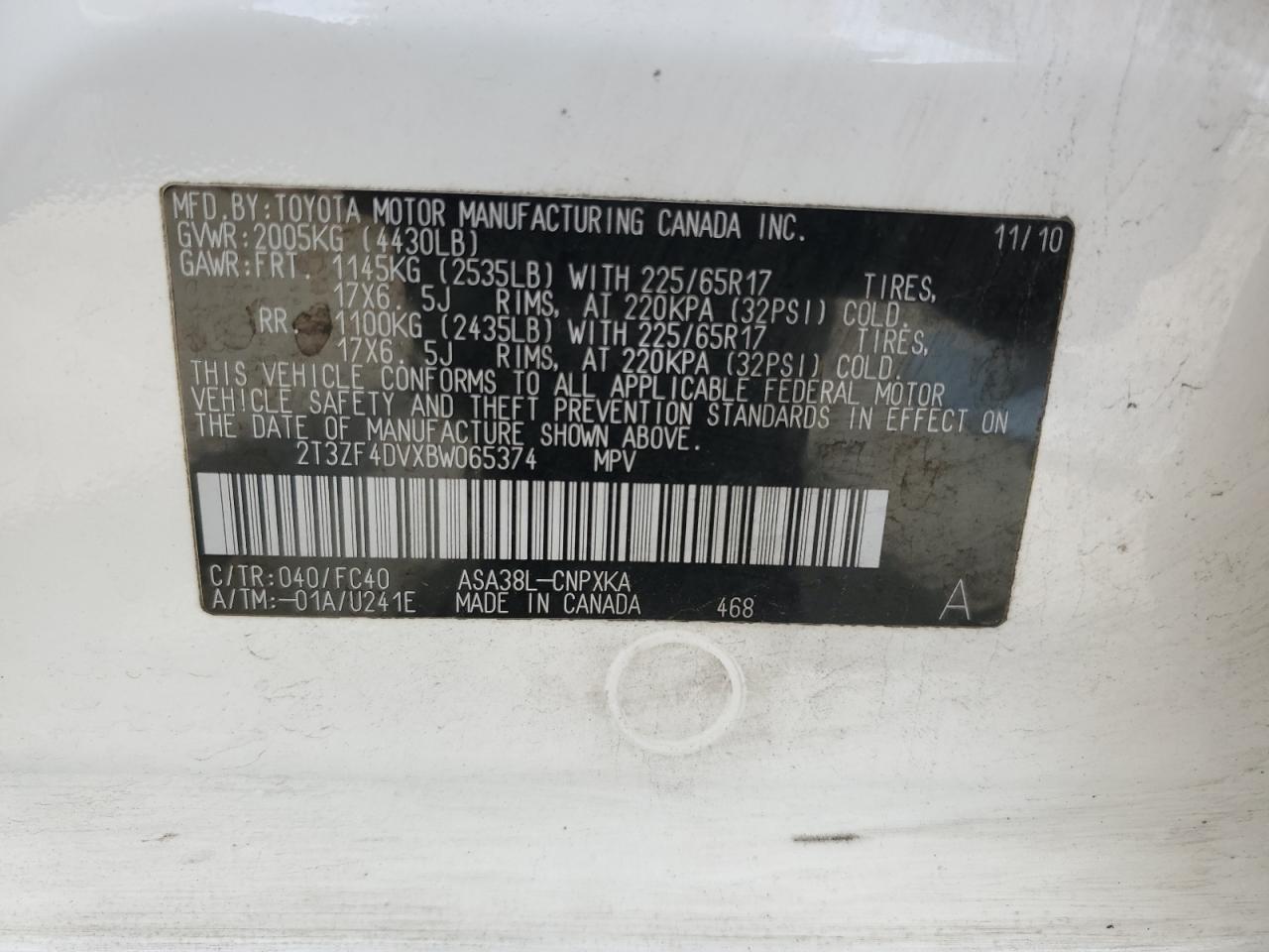 2T3ZF4DVXBW065374 2011 Toyota Rav4