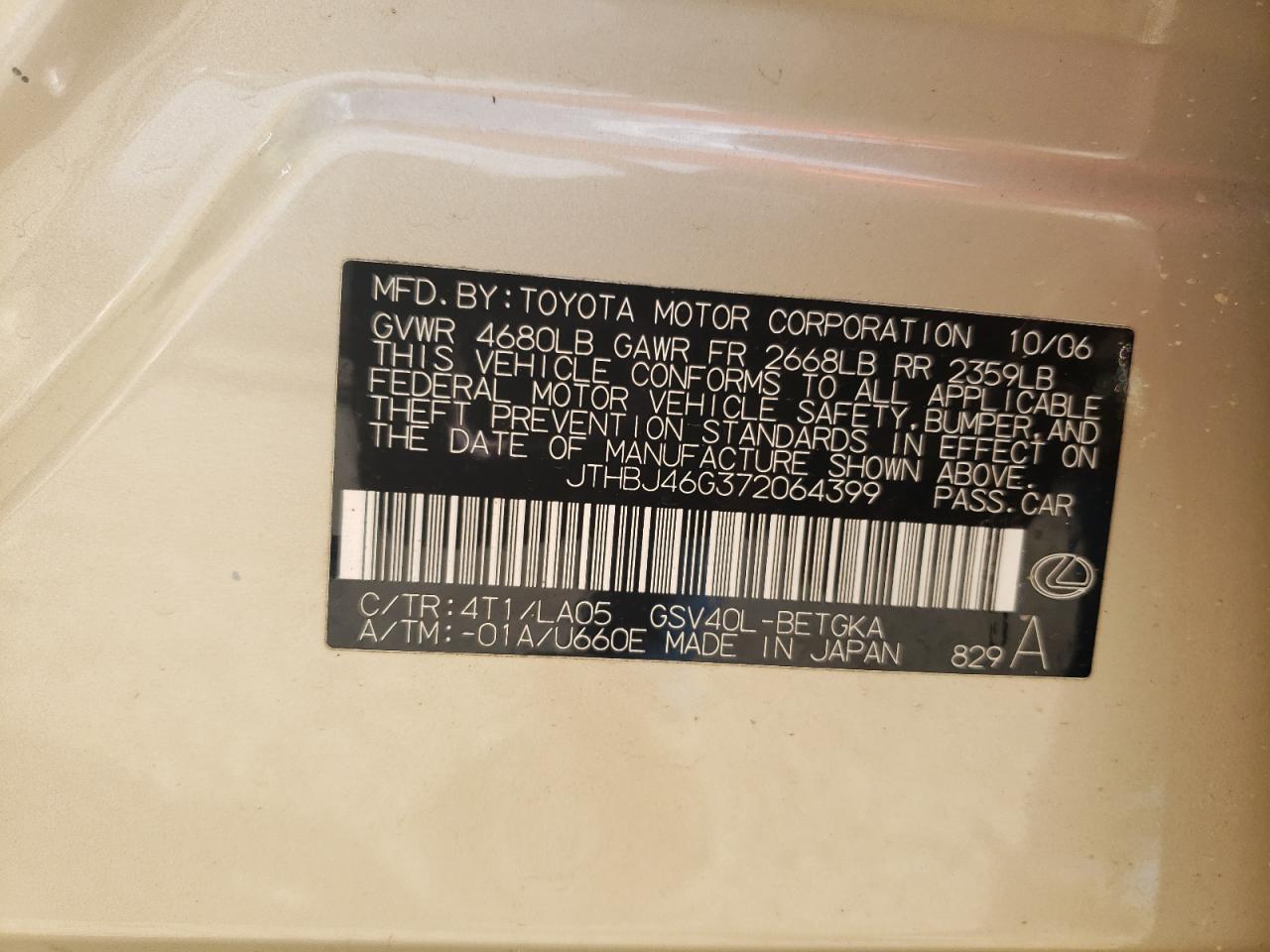 JTHBJ46G372064399 2007 Lexus Es 350