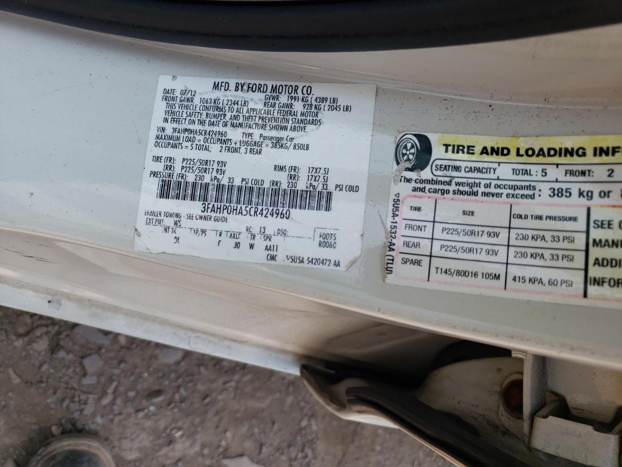 3FAHP0HA5CR424960 2012 Ford Fusion Se