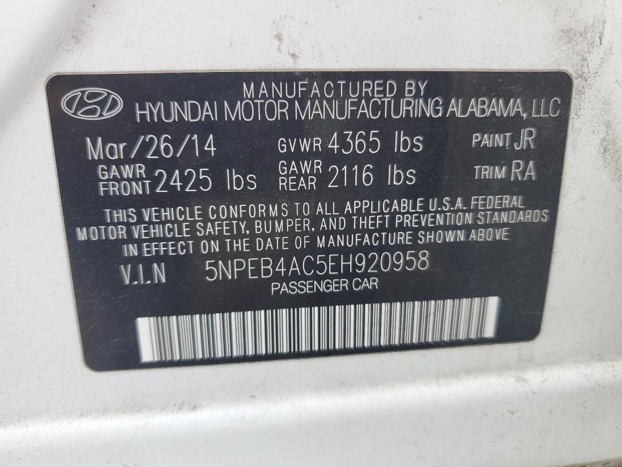 5NPEB4AC5EH920958 2014 Hyundai Sonata Gls