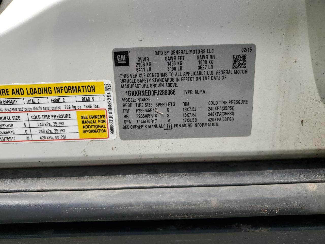 1GKKRNED0FJ288066 2015 GMC Acadia Sle