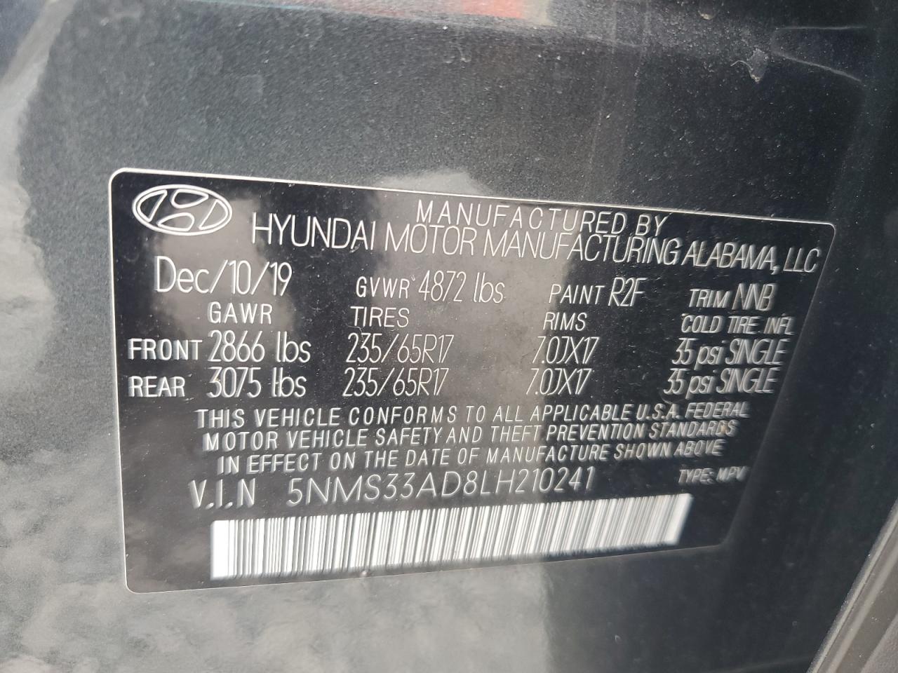 5NMS33AD8LH210241 2020 Hyundai Santa Fe Sel