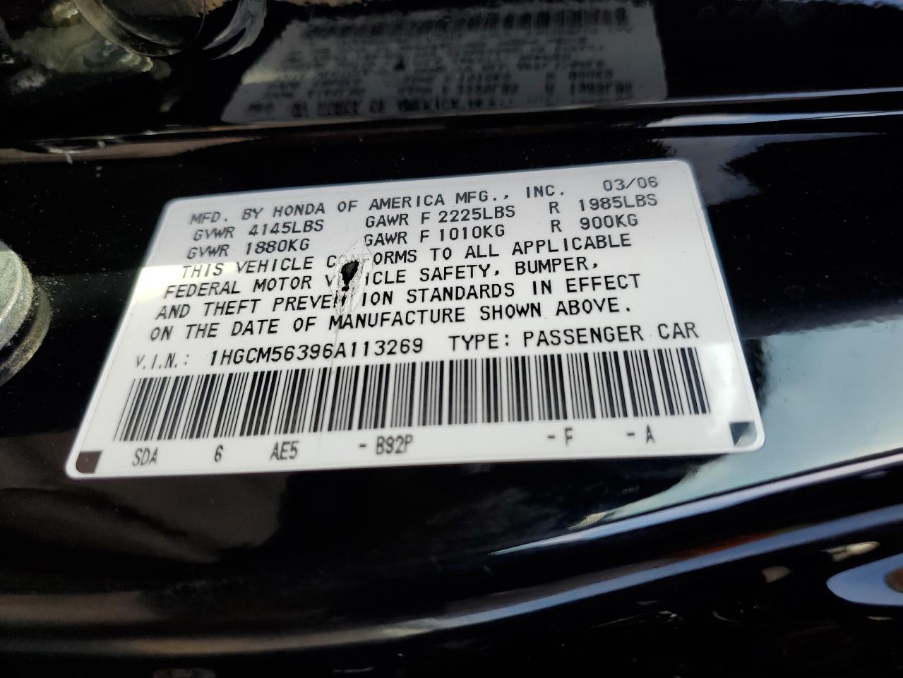 1HGCM56396A113269 2006 Honda Accord Se