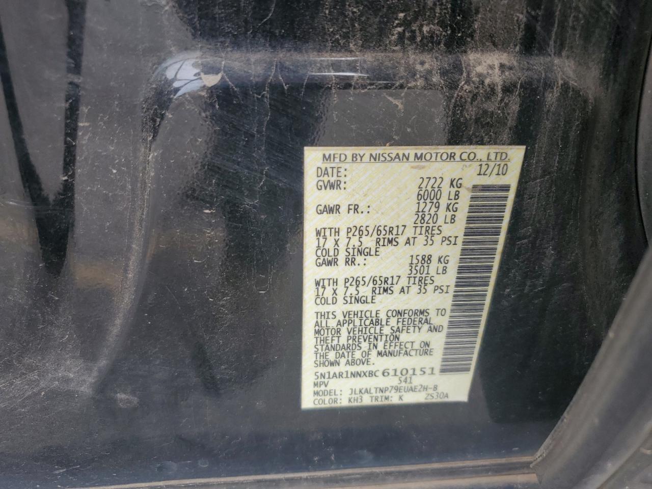 5N1AR1NNXBC610151 2011 Nissan Pathfinder S