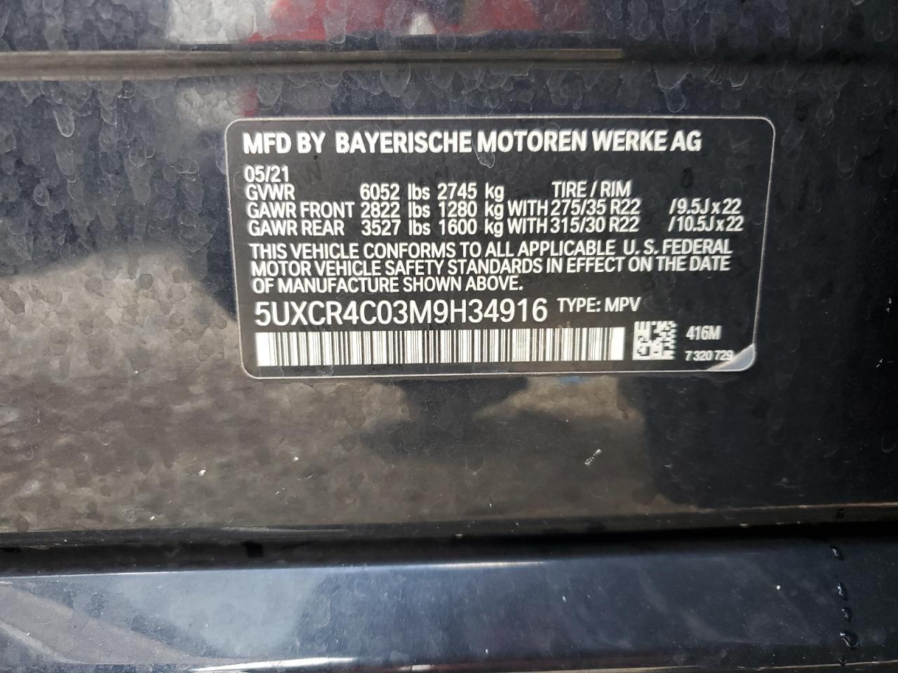 5UXCR4C03M9H34916 2021 BMW X5 Sdrive 40I