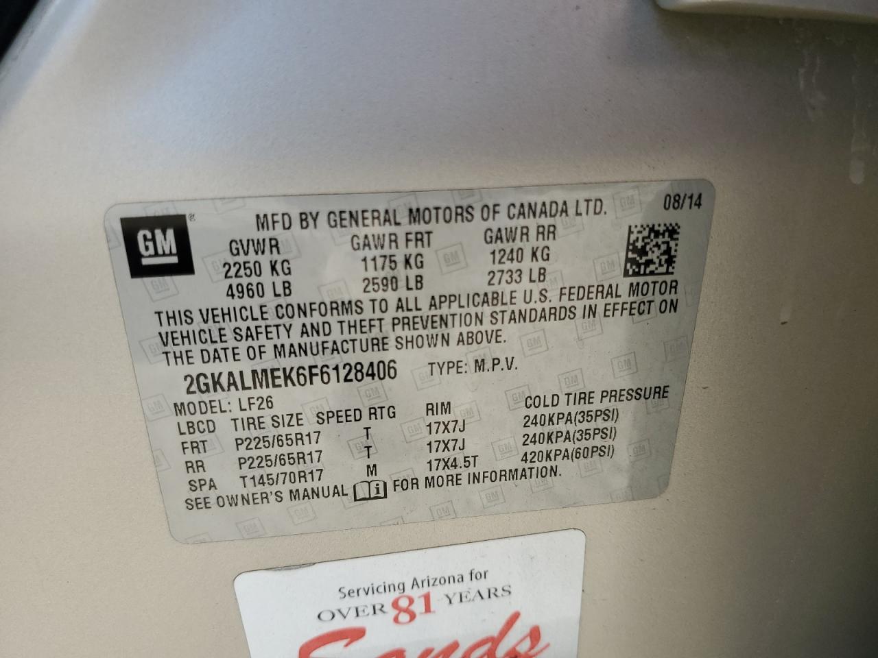 2GKALMEK6F6128406 2015 GMC Terrain Sle