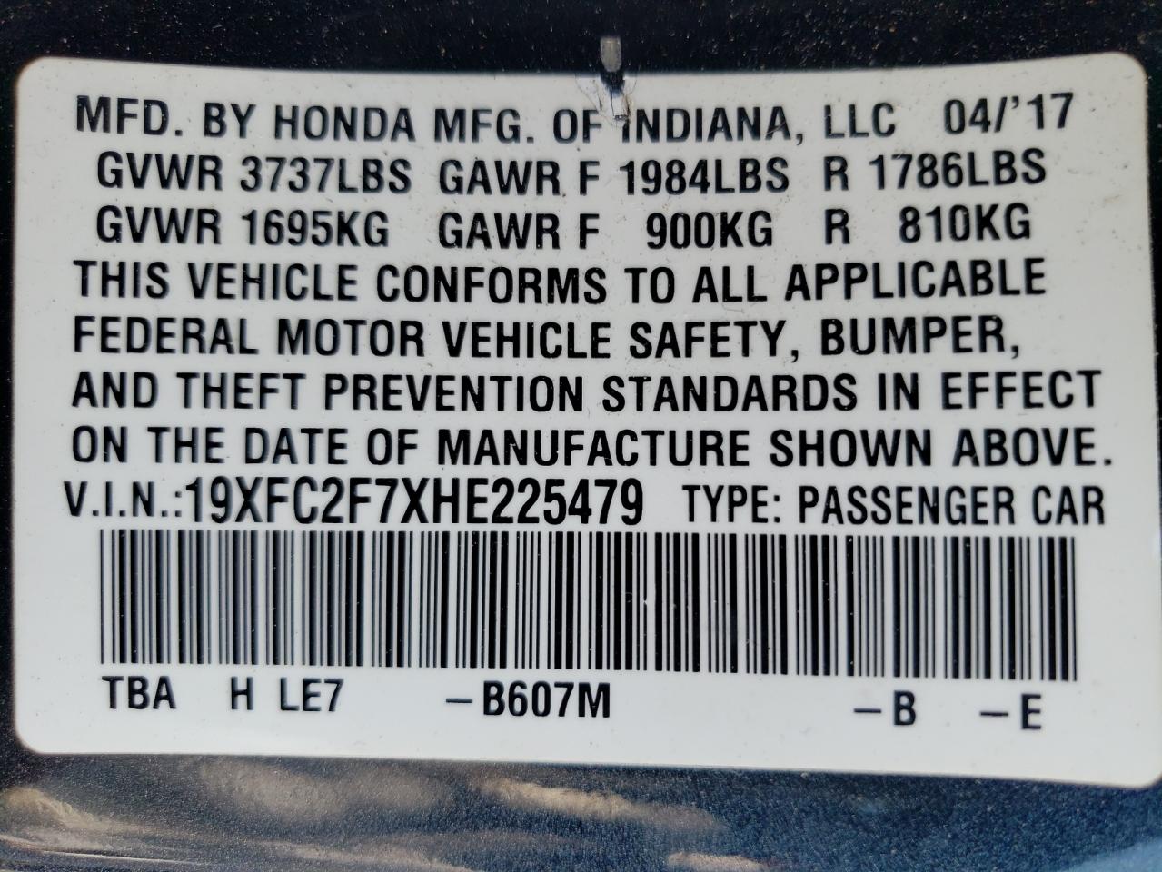 19XFC2F7XHE225479 2017 Honda Civic Ex 19XFC2F7XHE225479 2017 Honda Civic Ex