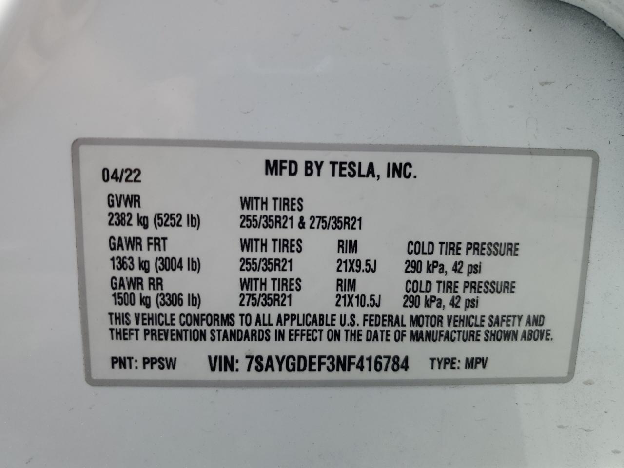 7SAYGDEF3NF416784 2022 Tesla Model Y