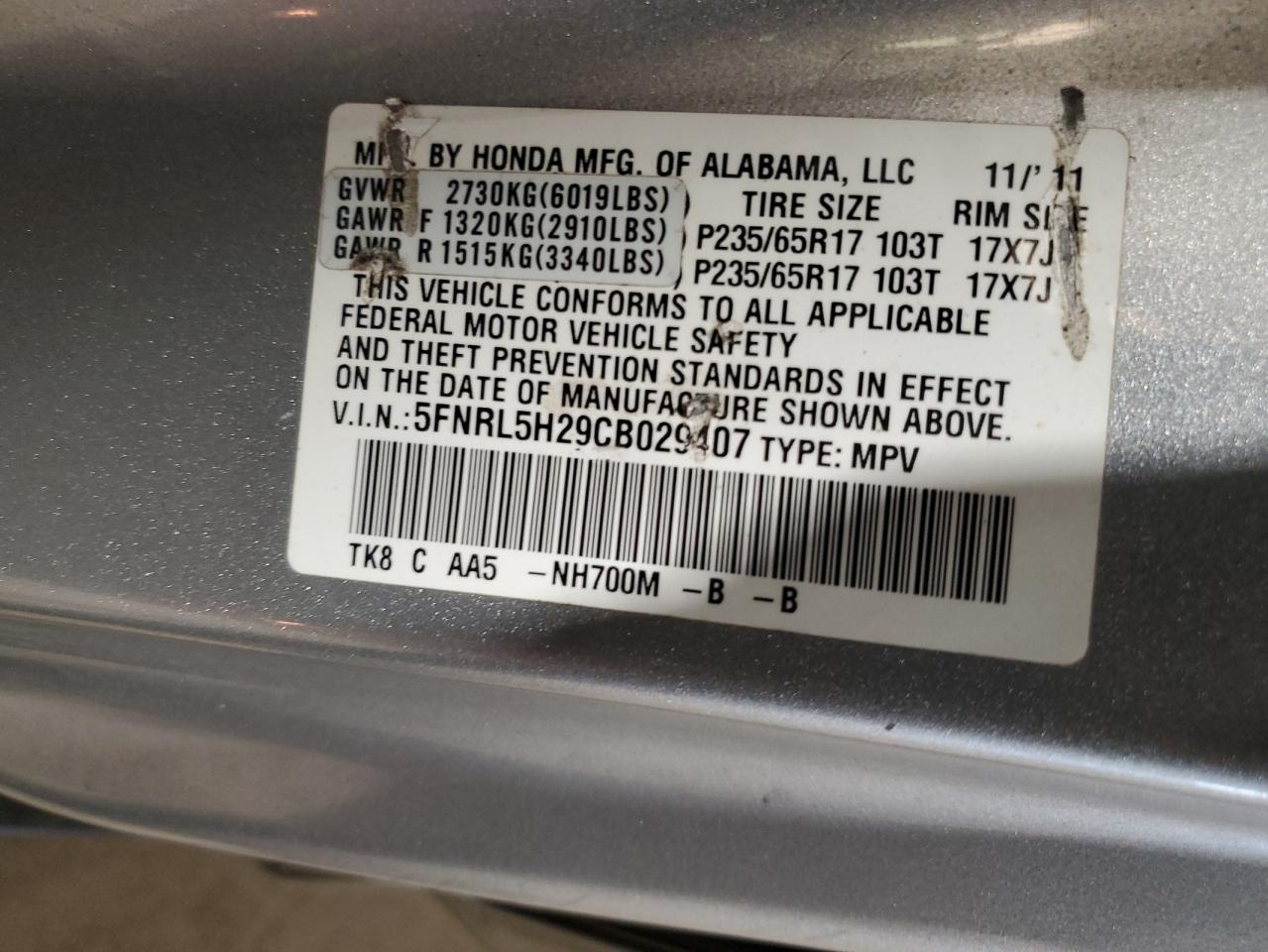 5FNRL5H29CB029407 2012 Honda Odyssey Lx