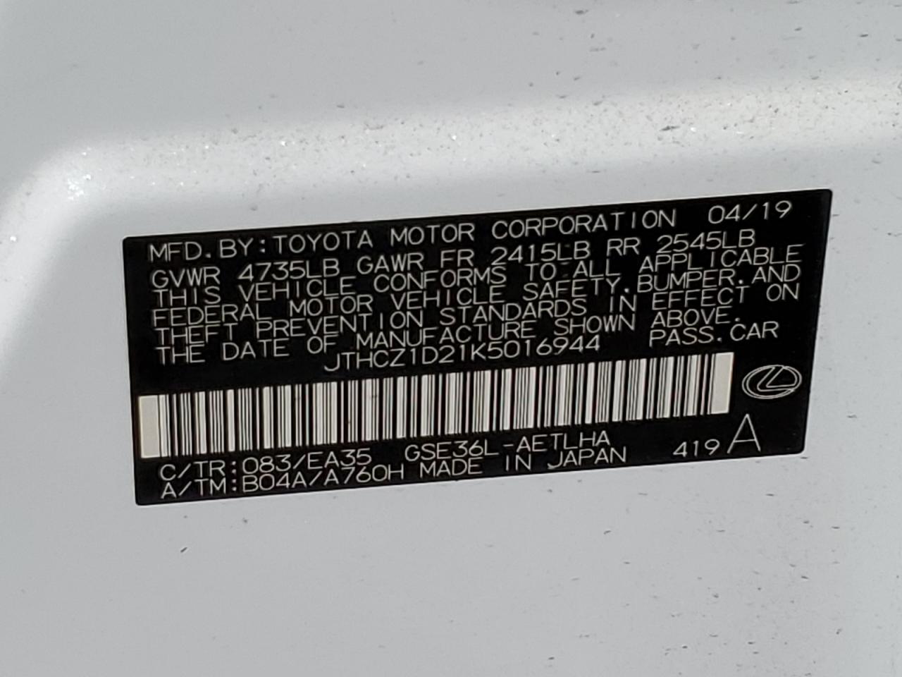 JTHCZ1D21K5016944 2019 Lexus Is 350