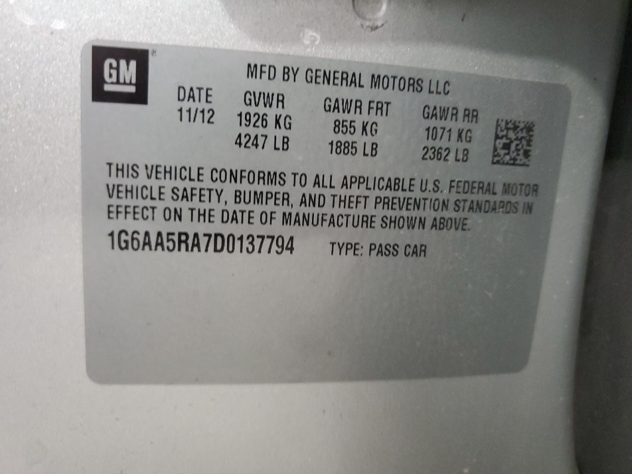 1G6AA5RA7D0137794 2013 Cadillac Ats