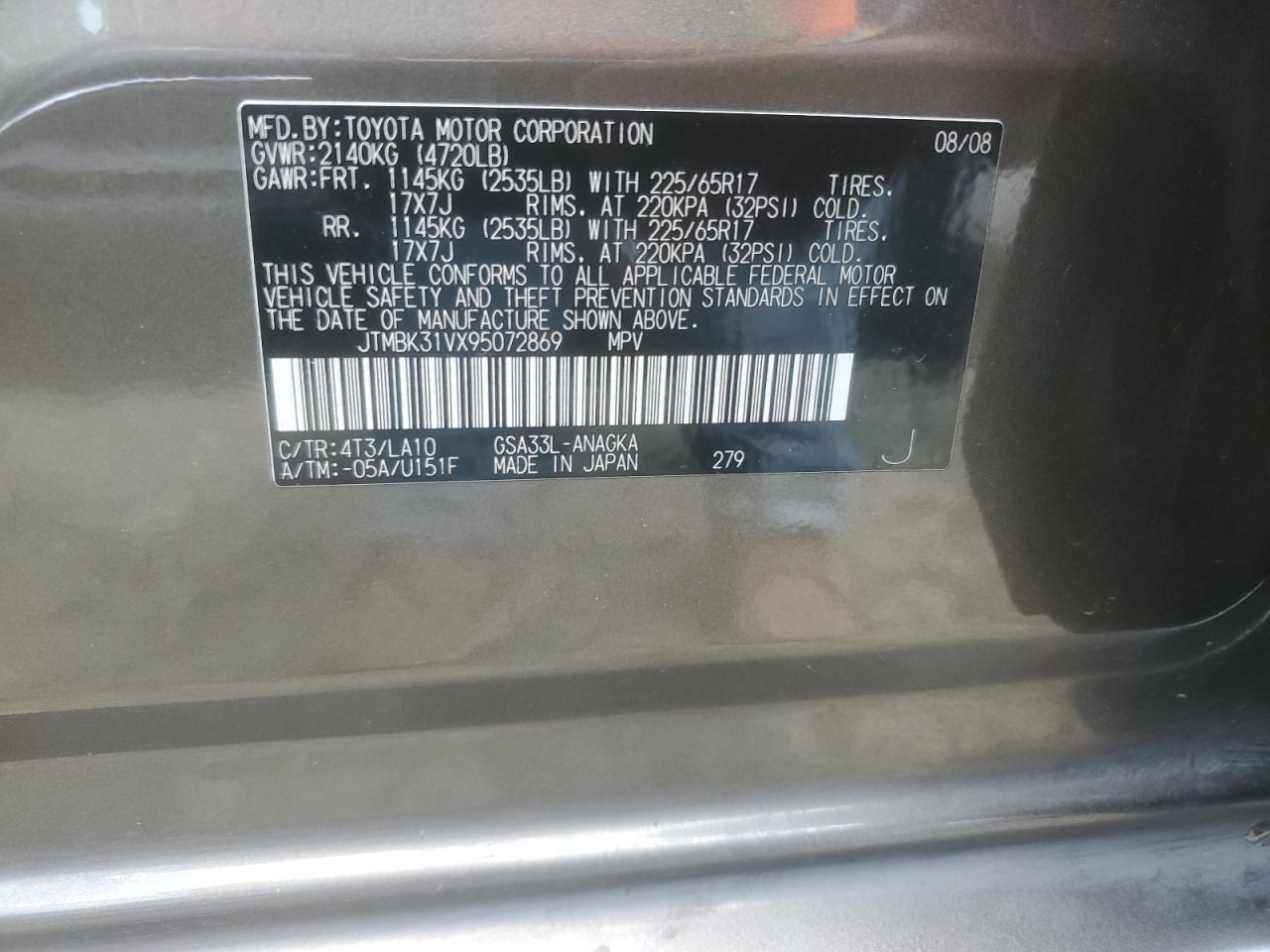 JTMBK31VX95072869 2009 Toyota Rav4 Limited