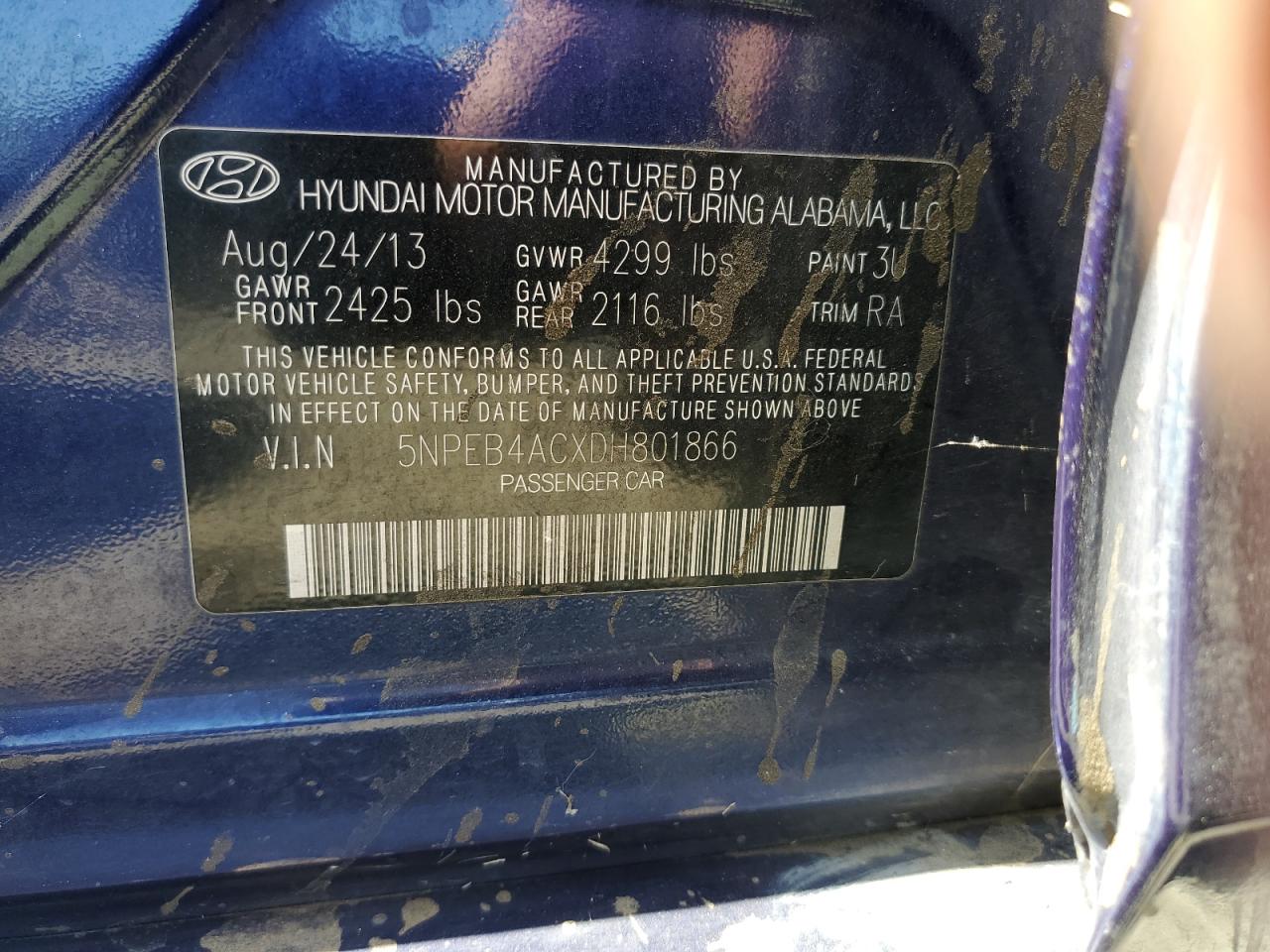 5NPEB4ACXDH801866 2013 Hyundai Sonata Gls