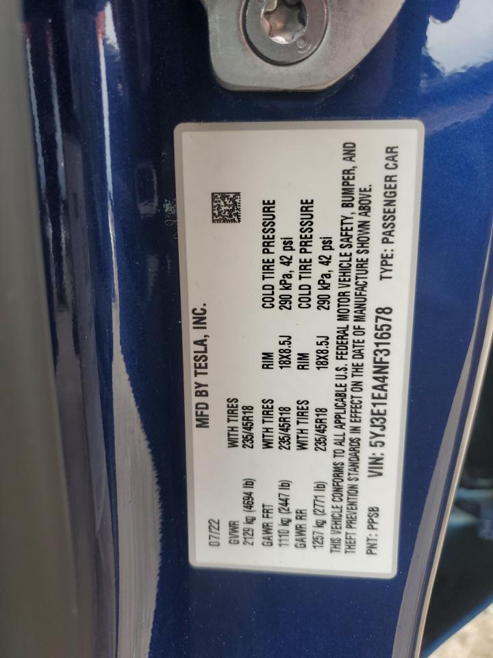 5YJ3E1EA4NF316578 2022 Tesla Model 3