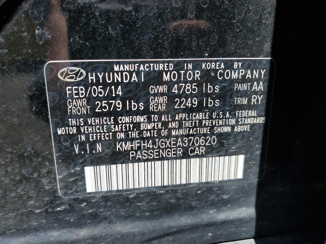 KMHFH4JGXEA370620 2014 Hyundai Azera Gls