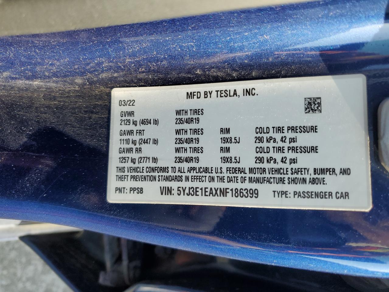 5YJ3E1EAXNF186399 2022 Tesla Model 3