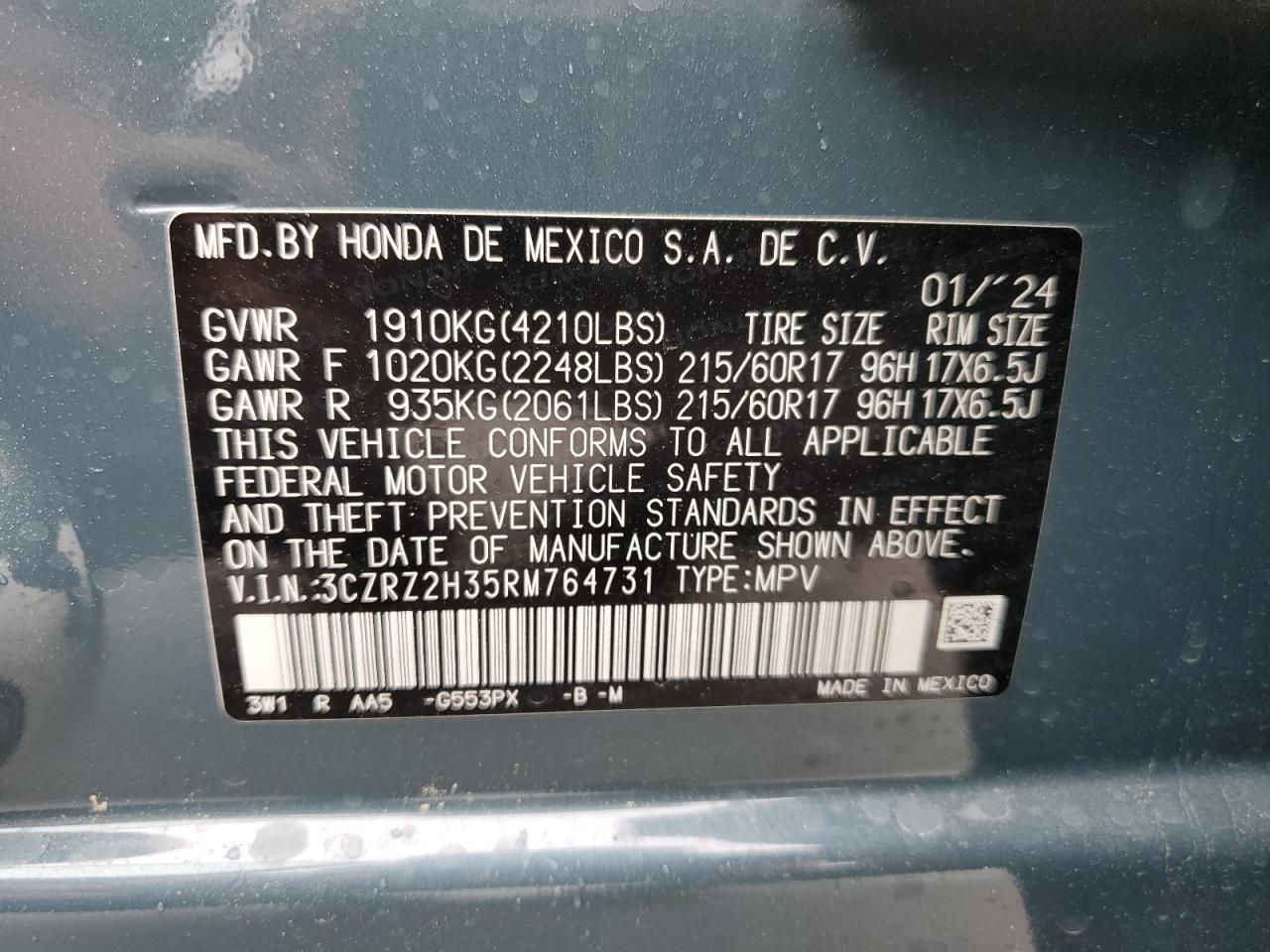 3CZRZ2H35RM764731 2024 Honda Hr-V Lx