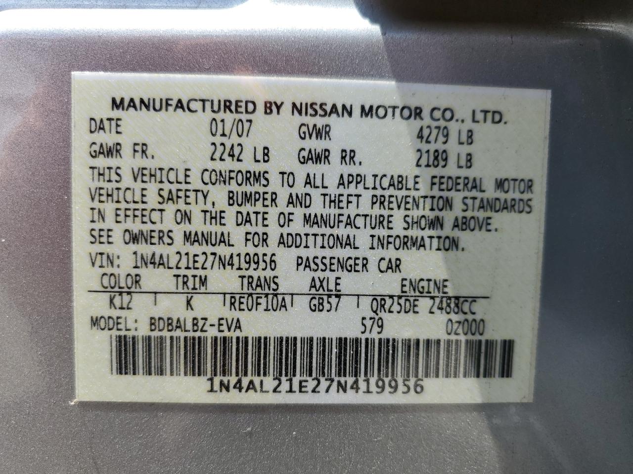 1N4AL21E27N419956 2007 Nissan Altima 2.5