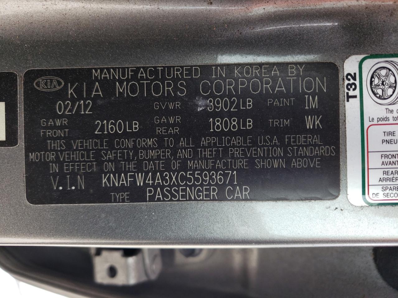 KNAFW4A3XC5593671 2012 Kia Forte Sx