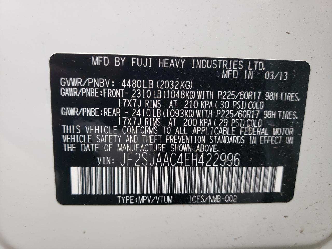 JF2SJAAC4EH422996 2014 Subaru Forester 2.5I