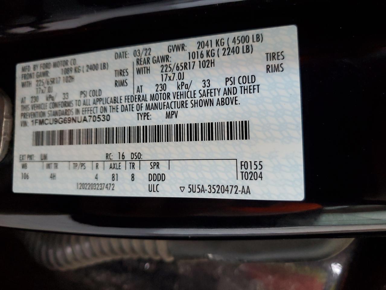 1FMCU9G69NUA70530 2022 Ford Escape Se