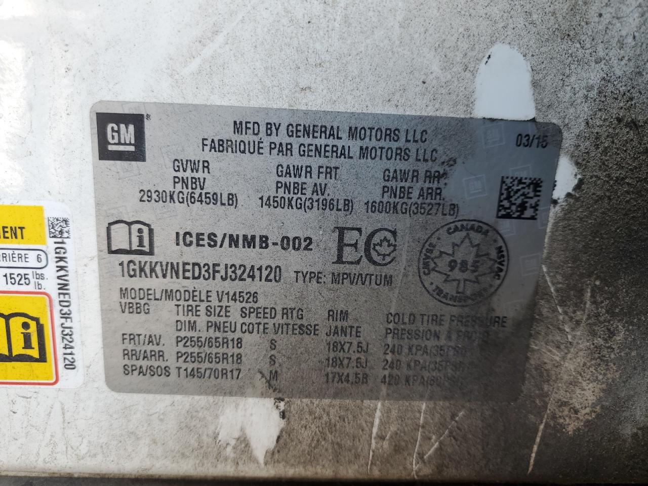 1GKKVNED3FJ324120 2015 GMC Acadia Sle