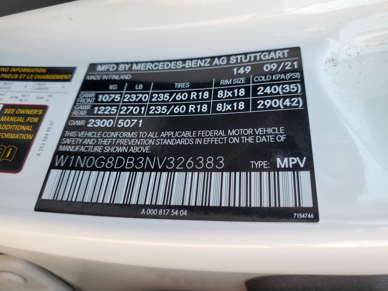 W1N0G8DB3NV326383 2022 Mercedes-Benz Glc 300