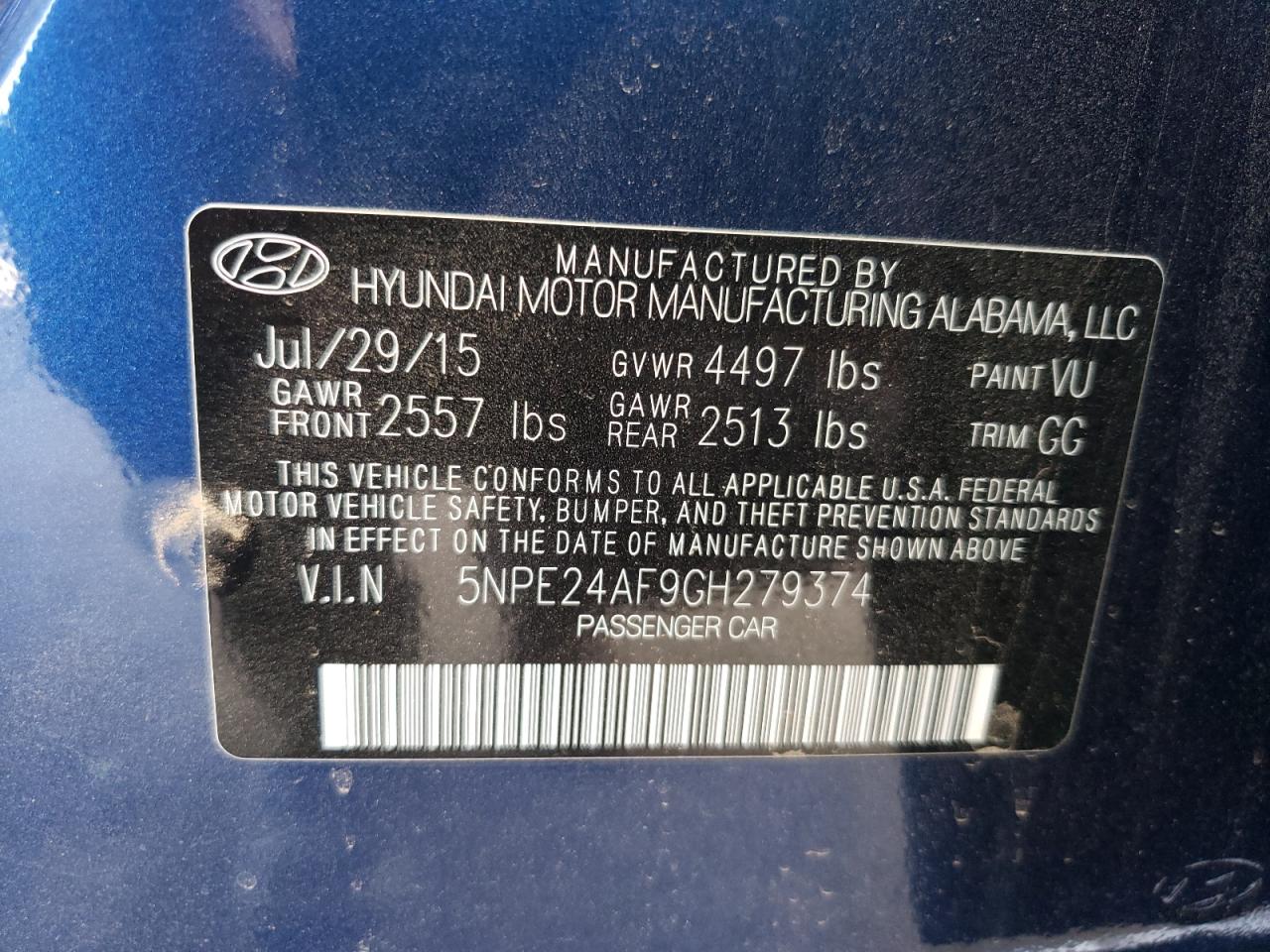 5NPE24AF9GH279374 2016 Hyundai Sonata Se