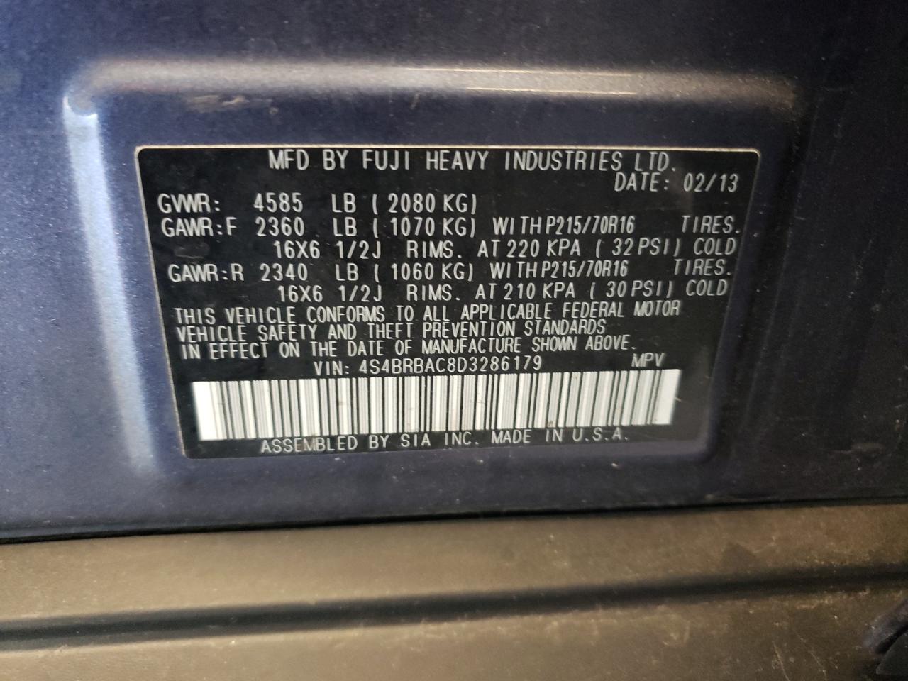 4S4BRBAC8D3286179 2013 Subaru Outback 2.5I