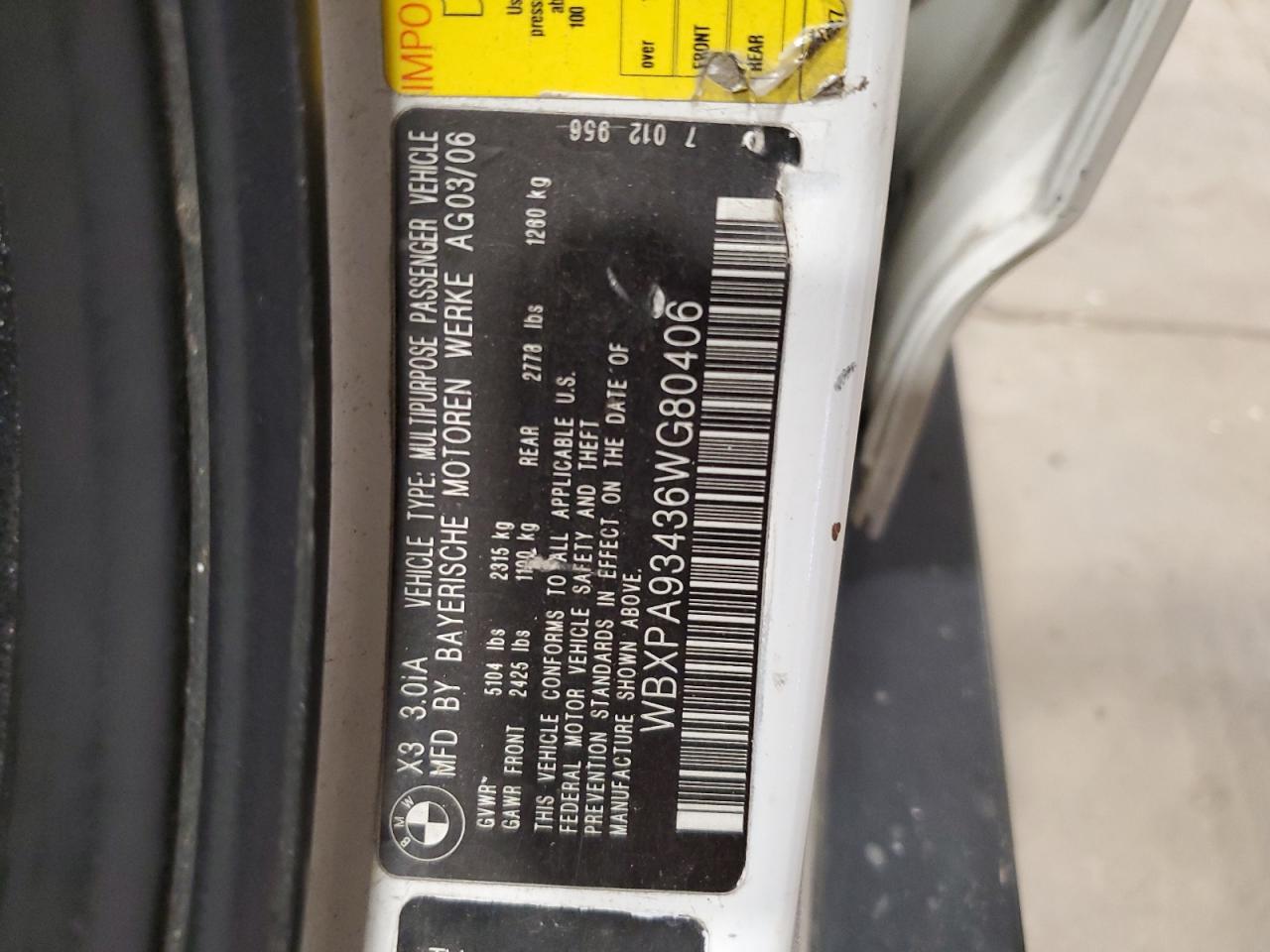 WBXPA93436WG80406 2006 BMW X3 3.0I