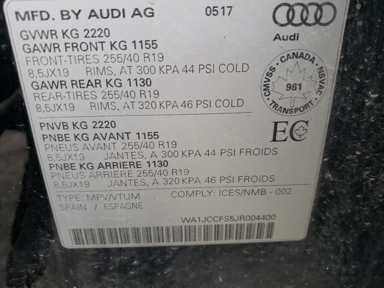 WA1JCCFS5JR004400 2018 Audi Q3 Premium Plus