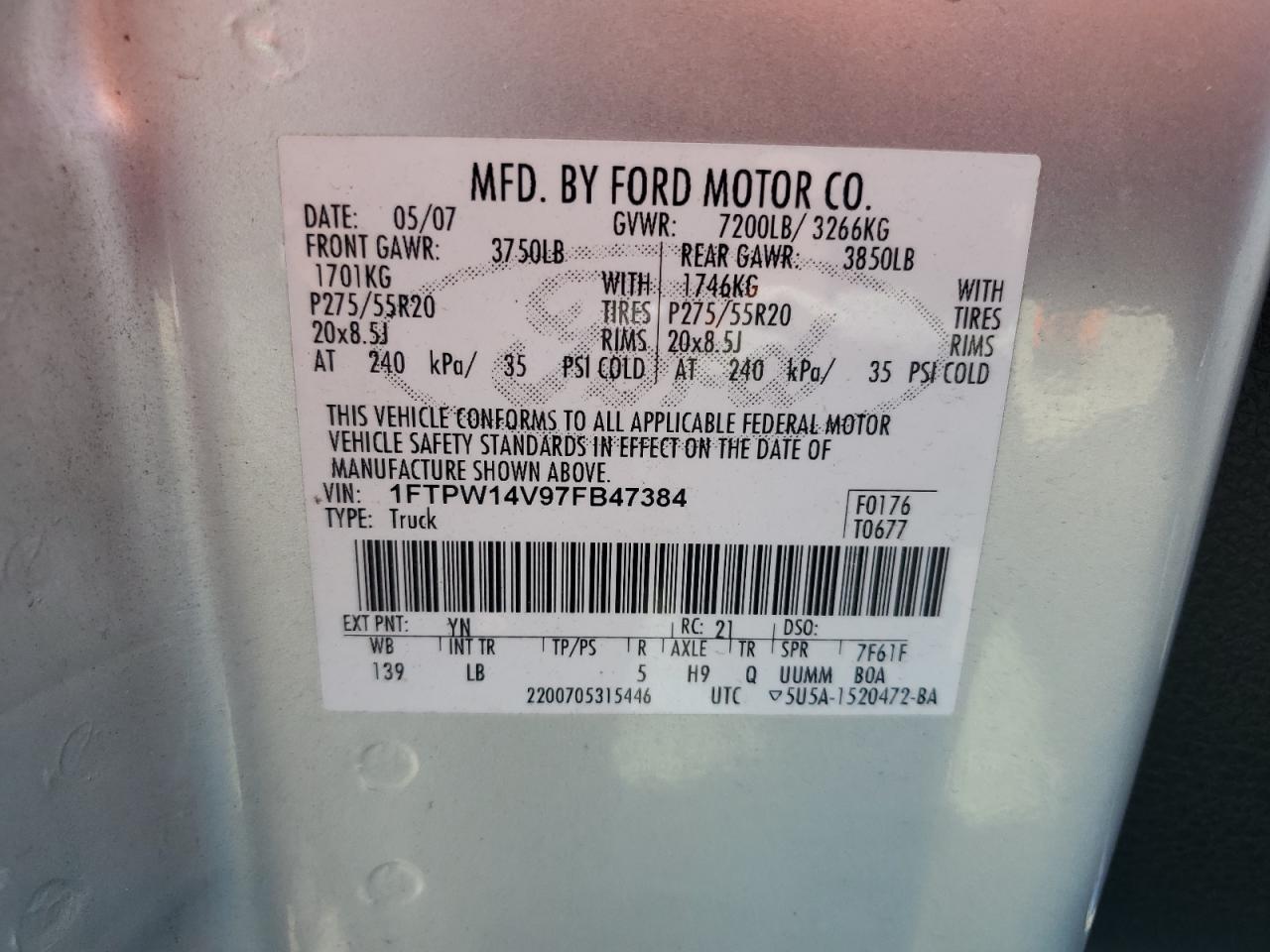 1FTPW14V97FB47384 2007 Ford F150 Supercrew