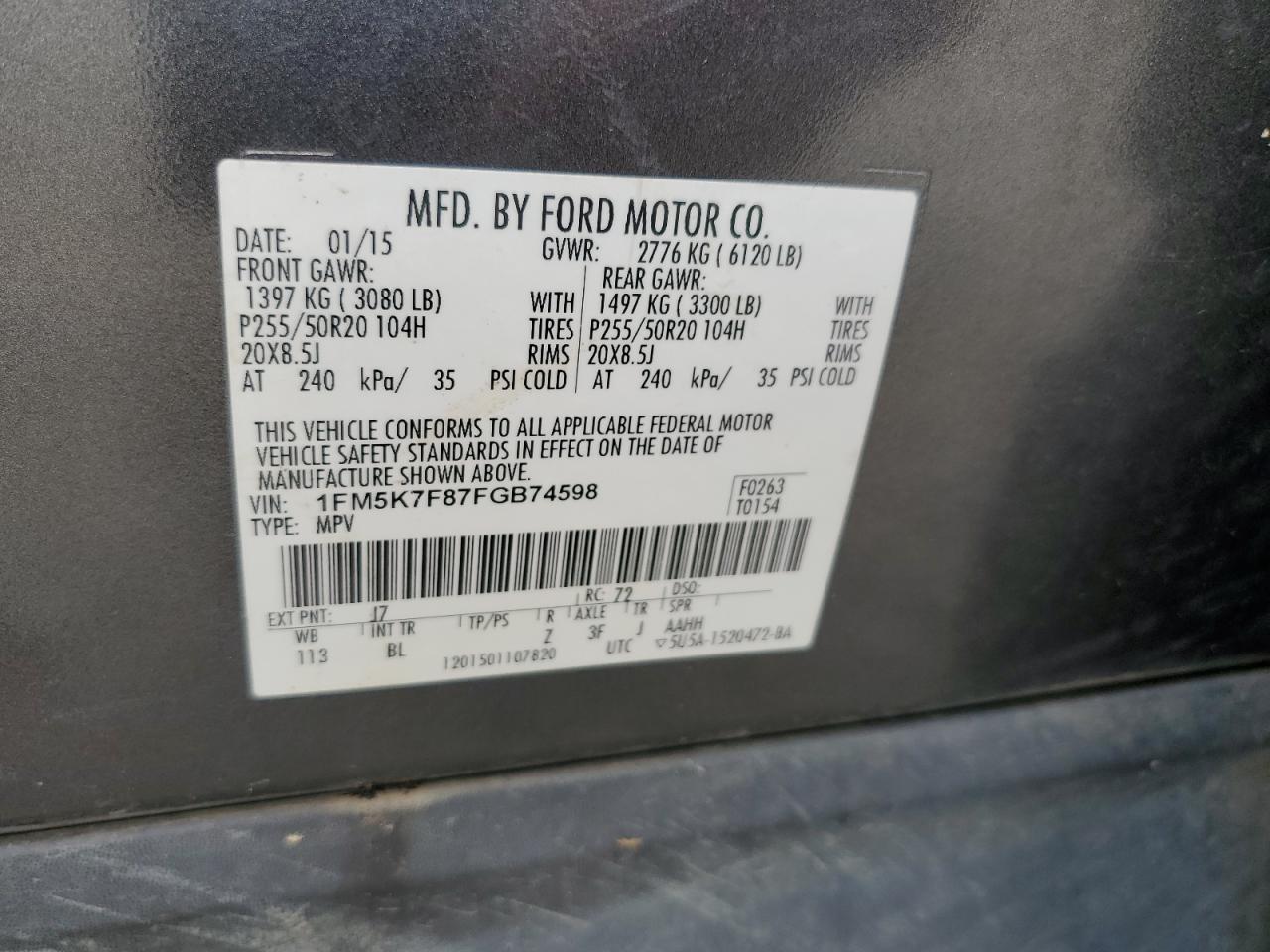 1FM5K7F87FGB74598 2015 Ford Explorer Limited