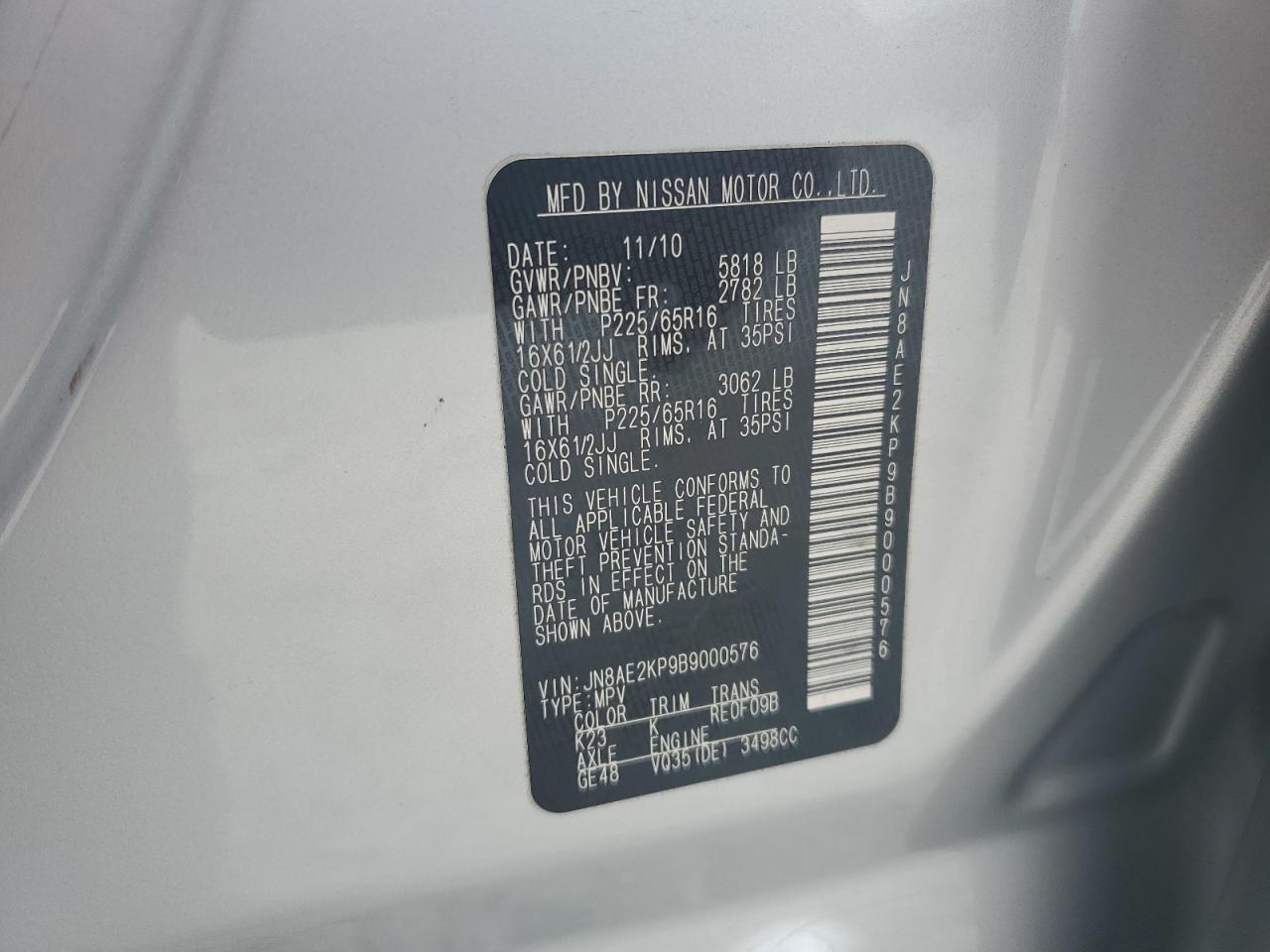 JN8AE2KP9B9000576 2011 Nissan Quest S