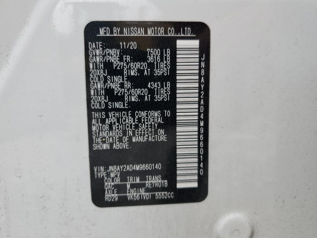 JN8AY2AD4M9660140 2021 Nissan Armada Sv